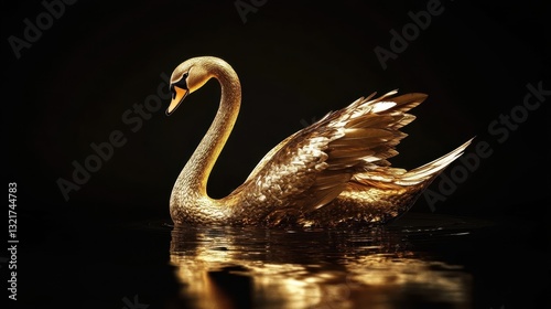 Fototapeta Naklejka Na Ścianę i Meble -  A golden elegant swan floats gently on a dark body of water