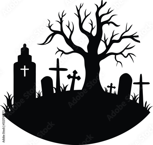 Creepy graveyard scene silhouette illustration