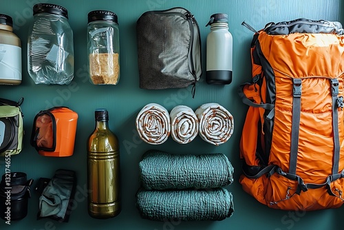Packed Backpack for Hiking Gear, Flatlay.