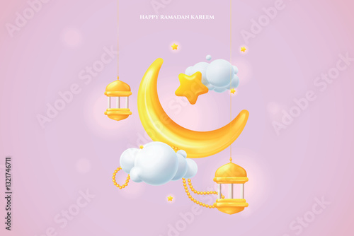 3d crescent ramadan. Ramadhan month moon, eid mubarak kareem fitr muslim islamic holiday celebration abstract mosque creative banner, adha islam ramazan exact vector illustration
