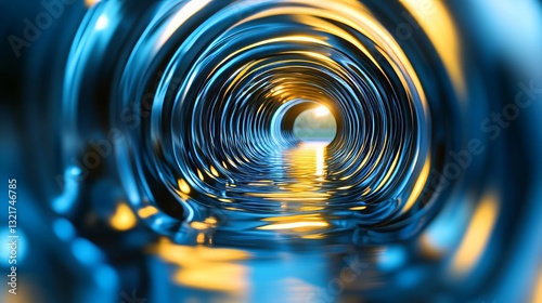 Inside view of an industrial pipeline with curved metallic structure and illuminated interior, creating a futuristic and tunnel-like perspective. Engineering, infrastructure, and technology concept.