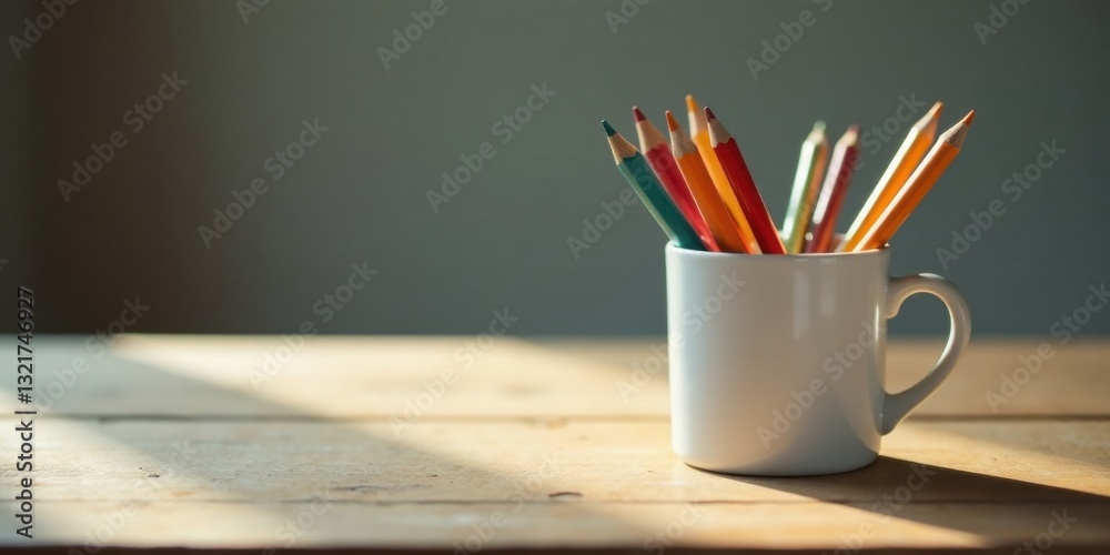Obraz premium A mug filled with colorful pencils sits on a wooden surface, bathed in sunlight; a simple still life of vibrant hues and natural light