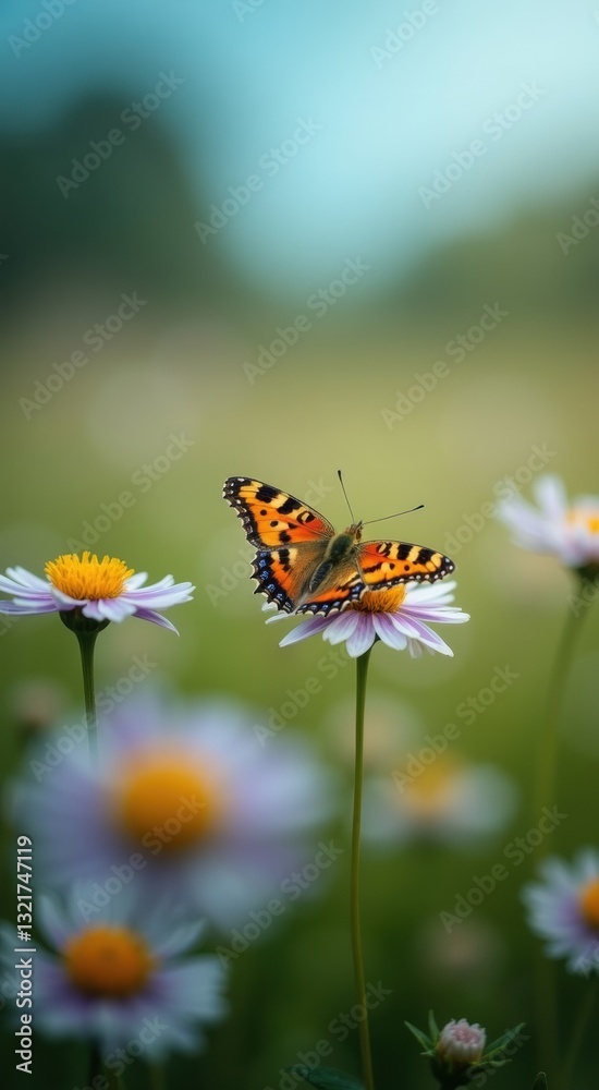 Butterfly is sitting on a flower in a field. The butterfly is orange and black. The field is full of flowers and the sky is blue Butterfly is sitting on a flower in a field. The butterfly is orange and black. The field is full of flowers and the sky is blue