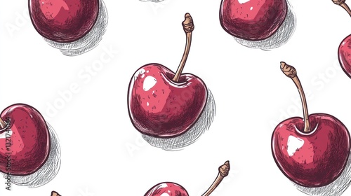 Hand-drawn cherry pattern on white background. Possible use Food illustration, print design photo