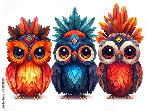 Three colorful stylized owls with large eyes and feathery head crests stand side-by-side on a white background.