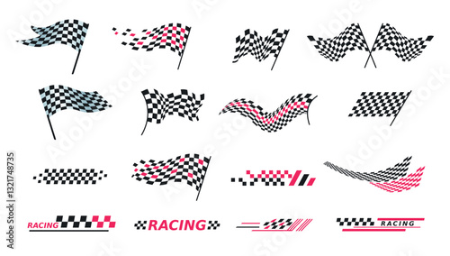 Racing checkered flags. Rally race logo emblems, start finish flag winner goal auto formula motosport symbol checkers speed motion car icon sign set, classy vector illustration