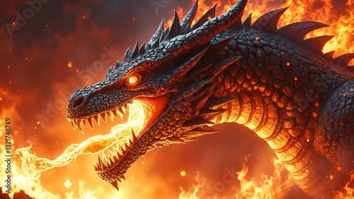 A fearsome, hyper-realistic fire dragon emerging from a blazing inferno, its enormous head covered in rugged, battle-worn scales