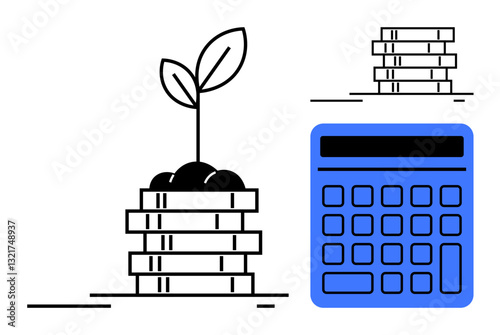 Stack of coins with sprouting plant symbolizing growth next to blue calculator. Ideal for finance, investment, budgeting, savings, economy, wealth planning, development. Minimalistic flat simple