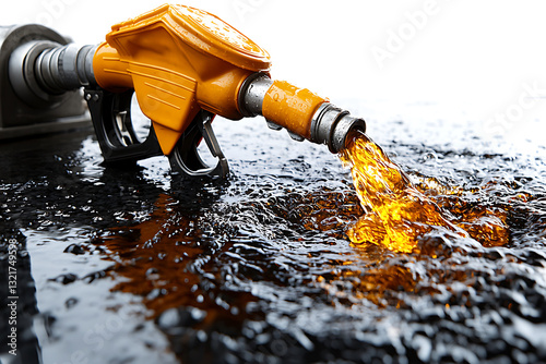 Fuel nozzle pumping liquid gasoline creating ripples in a dark reflective puddle against a stark white background.
