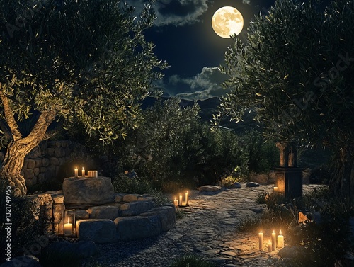 Moonlit garden of olive trees illuminated by gentle candlelight, evoking the serenity of Gethsemane on Holy Thursday