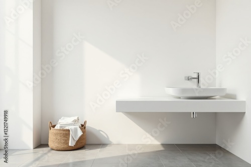 Modern minimalist bathroom design featuring a sleek white sink and a woven laundry basket
