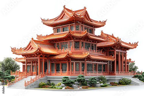 Ornate multi-tiered traditional Asian-style building with red roofs and detailed woodwork surrounded by manicured gardens against a white background.