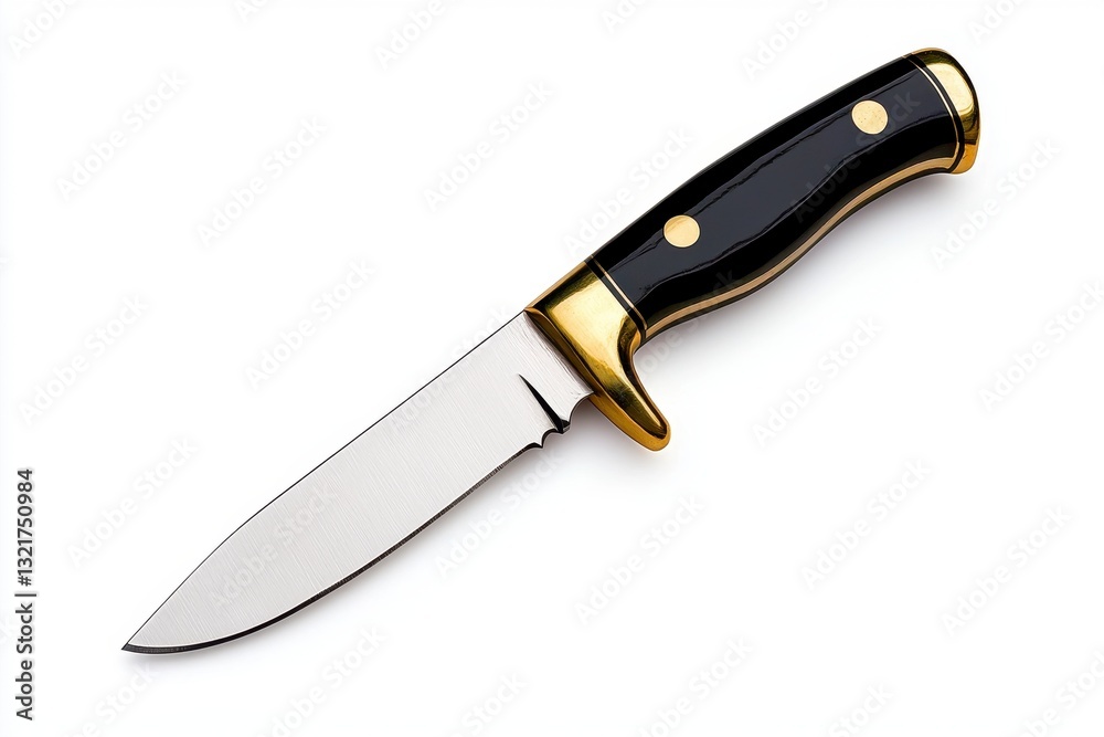 Closeup of Hunting Knife with Textured Steel Blade and Black Gold Handle Closeup of Hunting Knife with Textured Steel Blade and Black Gold Handle
