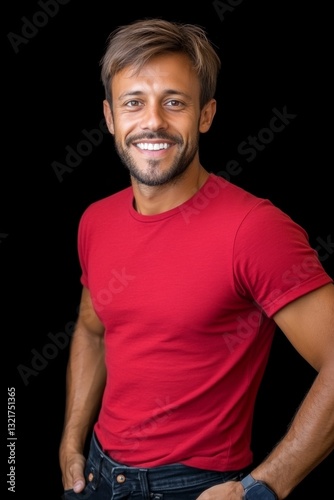 Smiling man portrait, light skin, short hair, wearing red shirt, dark jeans, looking at the camera, isolated on black background