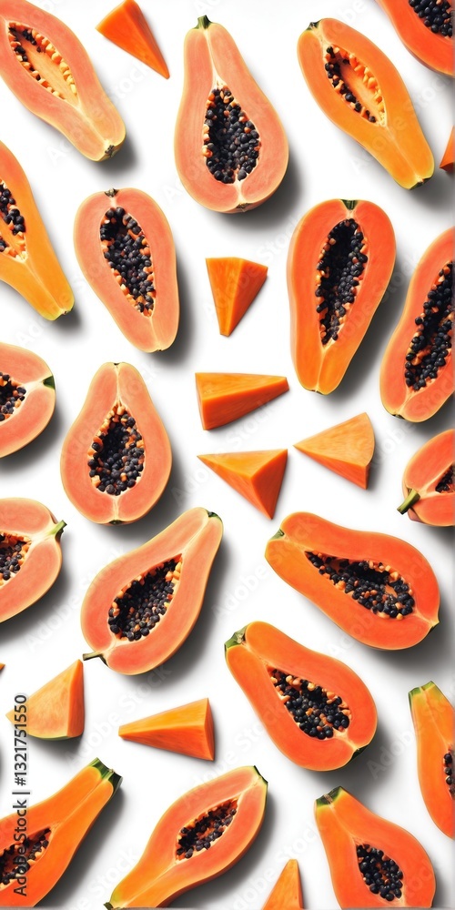 Cut papaya on white. Healthy fruit. Top view