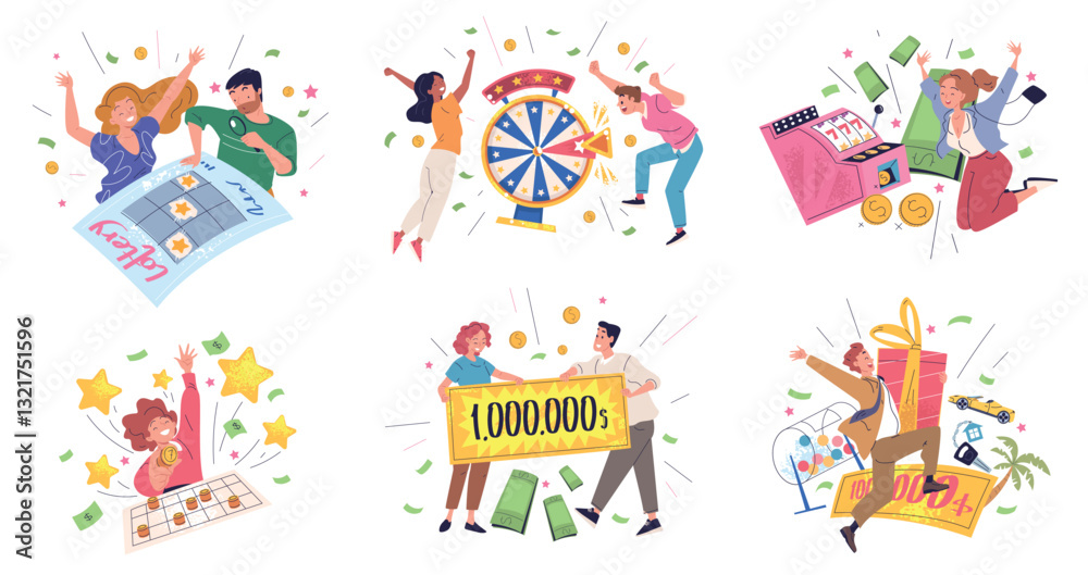 Lottery winners. Happy people draw lucky ticket, raffle win casino prize luck fortune wheel winner with money cheque financial surprise loto million gift classy vector illustration Lottery winners. Happy people draw lucky ticket, raffle win casino prize luck fortune wheel winner with money cheque financial surprise loto million gift classy vector illustration