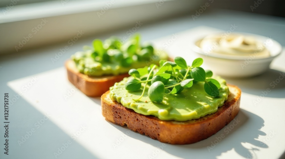 Sunlit Toasted Bread with Creamy Avocado Spread and Fresh Microgreens Sunlit Toasted Bread with Creamy Avocado Spread and Fresh Microgreens