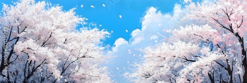 Blooming Cherry Blossom Trees in a Picturesque Spring Landscape with Blue Sky and Fluffy Clouds