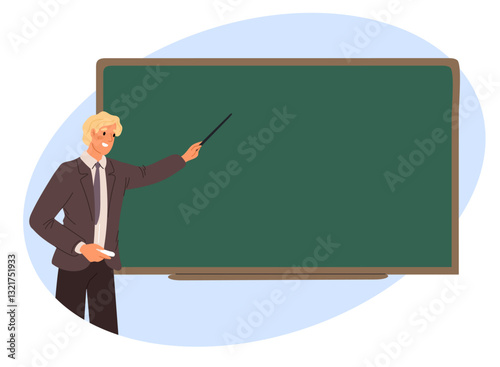 Teacher at blackboard. Man standing in front of class chalkboard. Professor explaining lesson. Professional instructor showing at classroom board. Academic training. Vector concept