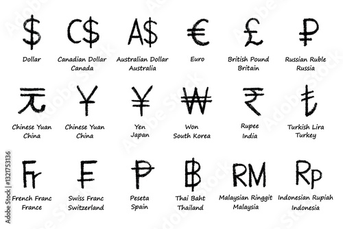 Hand drawn currency symbol set Dollar euro pound ruble yuan yen won rupee lira franc peseta baht ringgit rupiah