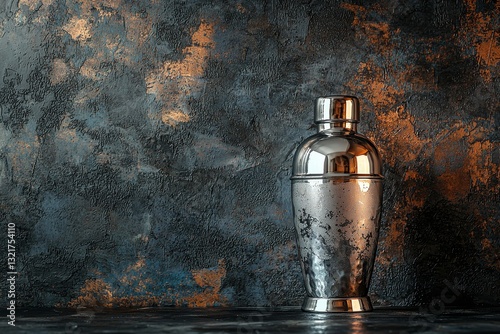 Elegant stainless steel cocktail shaker against a textured, abstract backdrop photo