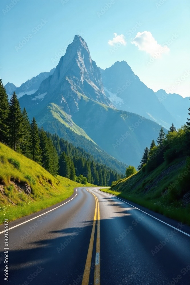Asphalt ribbon unwinding through a verdant valley, towards majestic, snow-capped peaks under a brilliant, clear sky Asphalt ribbon unwinding through a verdant valley, towards majestic, snow-capped peaks under a brilliant, clear sky