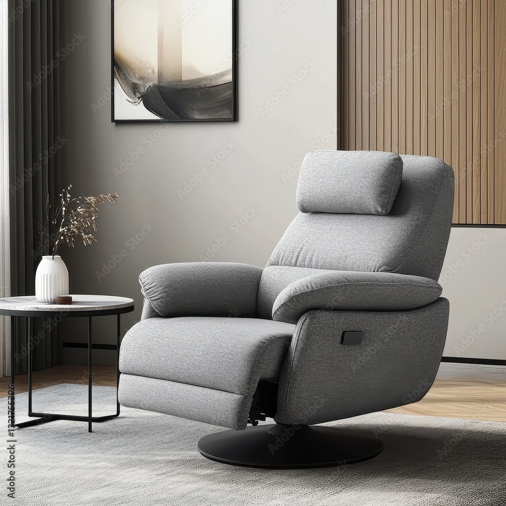 Fototapeta premium Modern Gray Recliner Chair with Round Coffee Table in Stylish Room