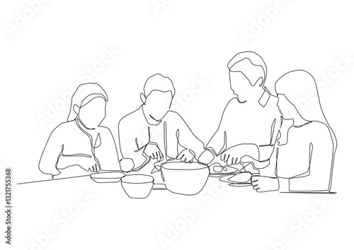 Continuous line art of  men and woman are eating food  at the table, Can be used for animation.

