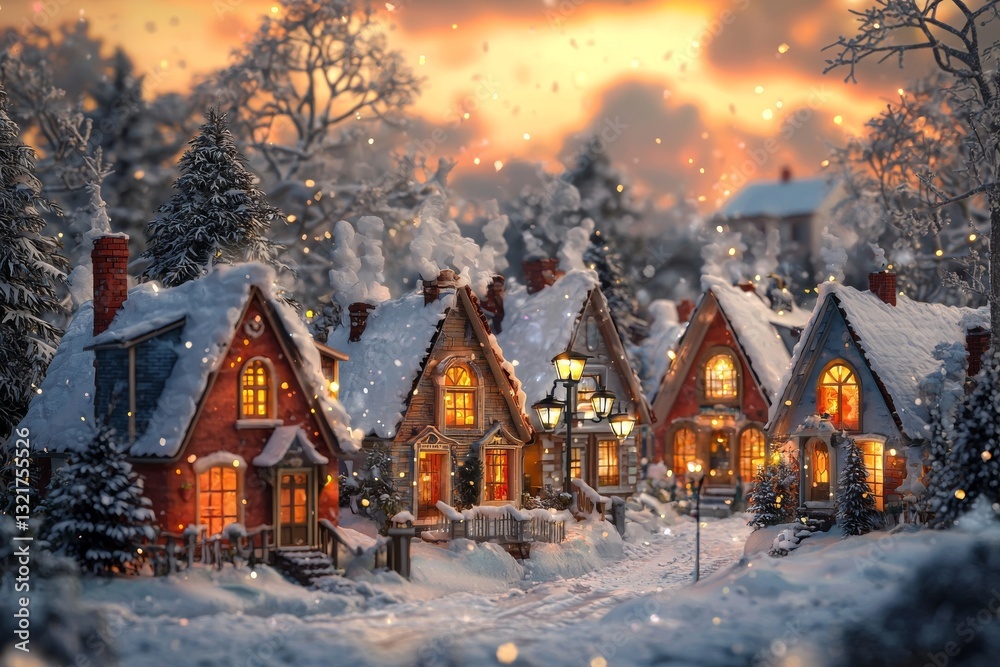Enchanting Winter Village Scene with Snow-Covered Houses and Glowing Lights Enchanting Winter Village Scene with Snow-Covered Houses and Glowing Lights