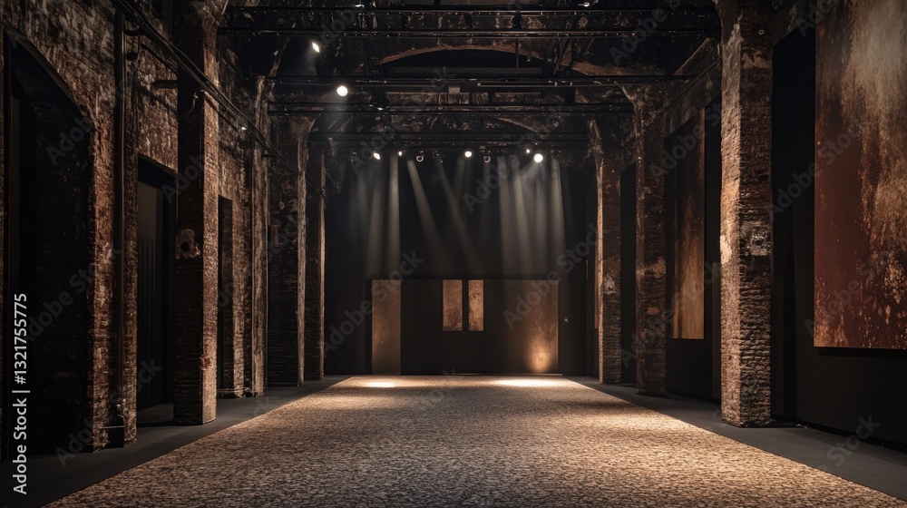 Fototapeta premium Dark, industrial interior space with spotlight beams on textured floor and walls.