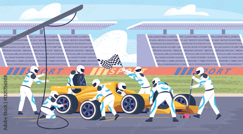 Fototapeta premium Race pit stop. Formula one race team, mechanic crew fast change tire of racer speed car on racing track driver garage f1 sport engineers teamwork service classy vector illustration