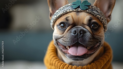 Adorable French Bulldog Smiling With Headband and Cozy Sweater