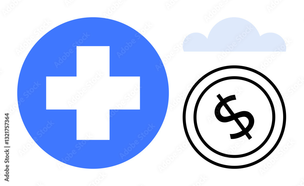 Fototapeta premium Blue cross symbol, coin with dollar sign, and cloud together suggest healthcare, finance, savings, and security themes. Ideal for insurance, health finance, cloud technology medical investment