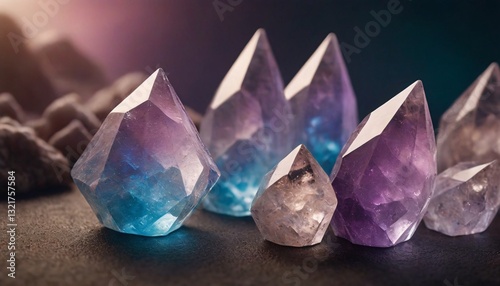 Detailed Close-Up of Glowing Crystal Structures with Reflective Surfaces and Geometric Patterns