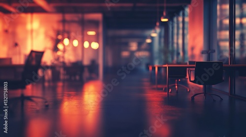 Dark, moody office space with blurred figures working late at night.