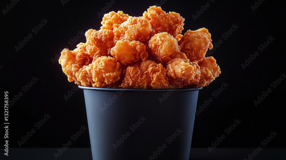 Delicious golden crispy fried chicken nuggets and wings in buckets