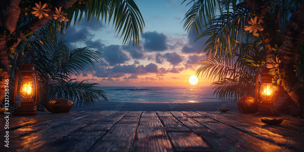 Romantic night on a tropical beach with lanterns