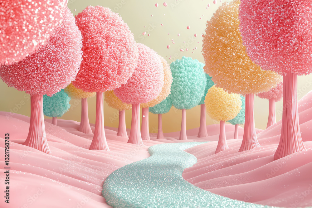 forest of towering, bubblegum-colored candy-covered trees, glittering with sugar crystals