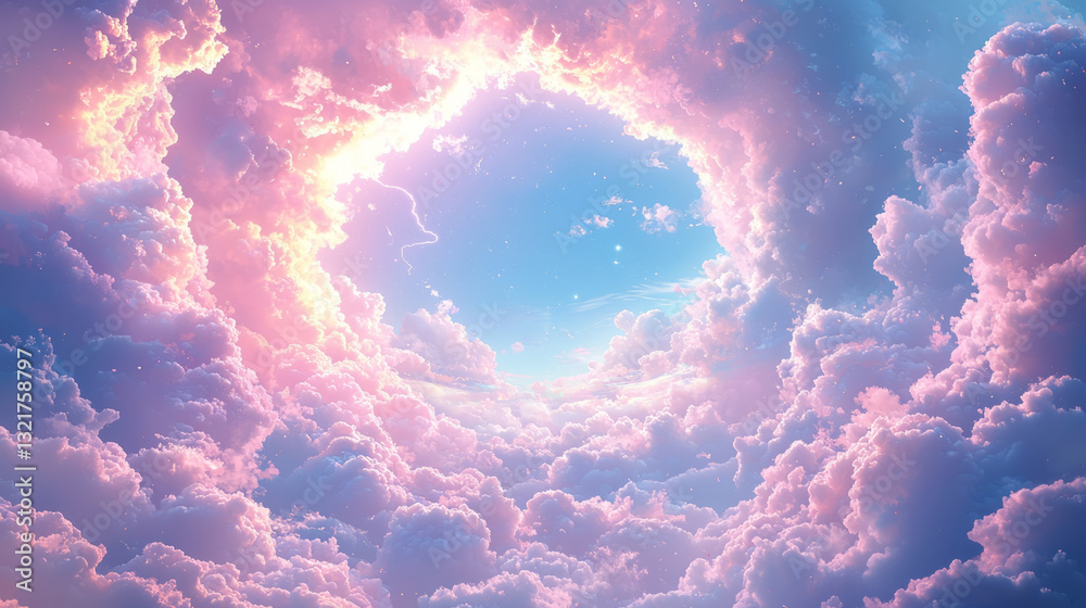 cloud formations with luminous round holes, fantastic atmospheric.