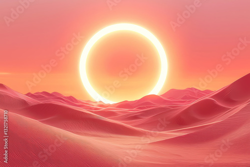 hot, sandy desert foreground with a shimmering circular mirage. The ring glows in warm pink-orange tones