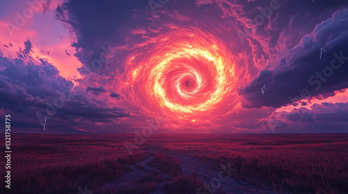 Obraz na płótnie glowing magenta spiral, hovering above a windswept savanna with distant thunderstorms and lightning w salonie