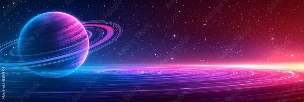 smooth ringed planet silhouette in neon lines, star orbits swirling softly around it for a cosmic, trendy effect