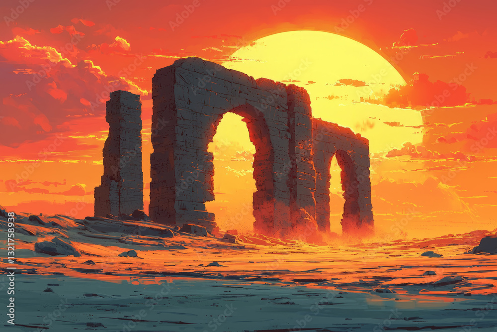Ancient stone arches rise above golden dunes at sunset