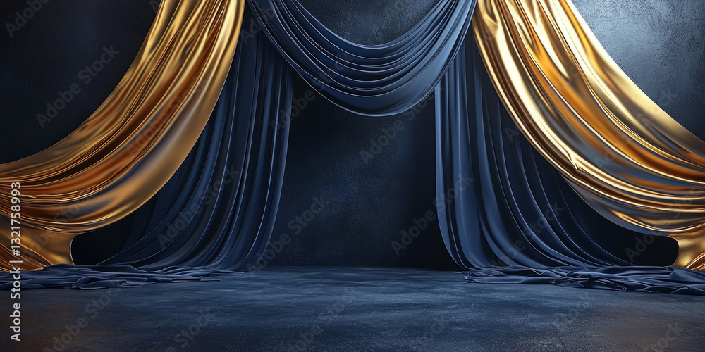 Luxurious stage curtains with deep folds and dramatic lighting