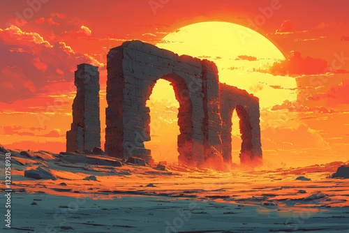 Obraz na płótnie Ancient stone arches rise above golden dunes at sunset w salonie