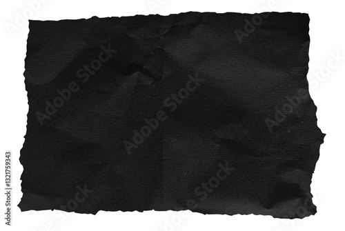 The image showcases a piece of dark black paper with a rough, torn edge, exhibiting a wrinkled texture, suggesting it has been crumpled. torn black paper isolated on background with clipping path.