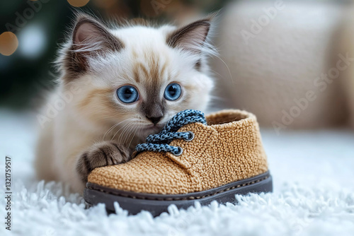 Ragdoll kitten playing with a human's shoe, batting at the laces, adorable paws, cute soft ambiance, light background, playful kitten in domestic setting