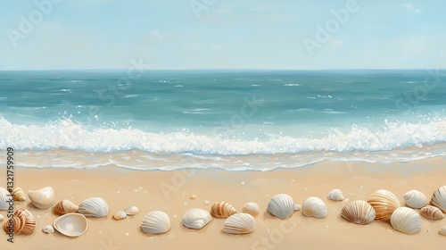 Tranquil Seashore Scene with Shells and Gentle Waves Under Clear Blue Sky