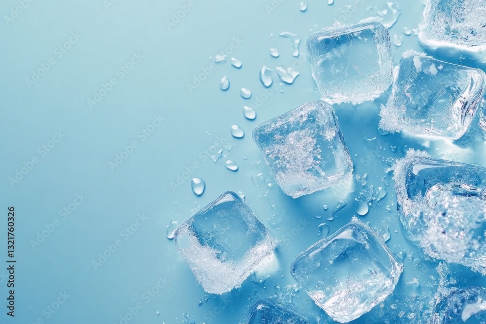 Obraz premium Close-up of melting ice cubes on a light blue background.