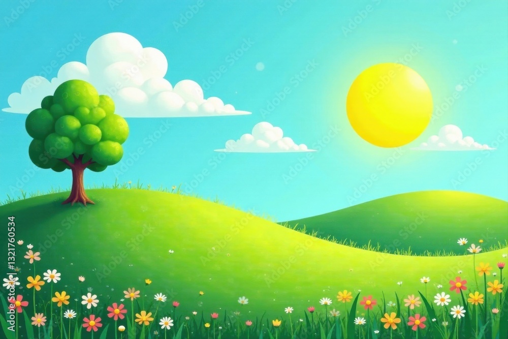 Serene Summer Day Lush Green Hills, Single Tree, Bright Sun, and a Meadow of Colorful Flowers Serene Summer Day Lush Green Hills, Single Tree, Bright Sun, and a Meadow of Colorful Flowers